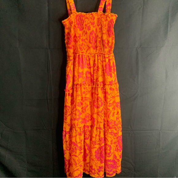 NWT Umgee Vibrant Orange and Pink Floral Smocked Tiered Dress, size L - Picture 9 of 10